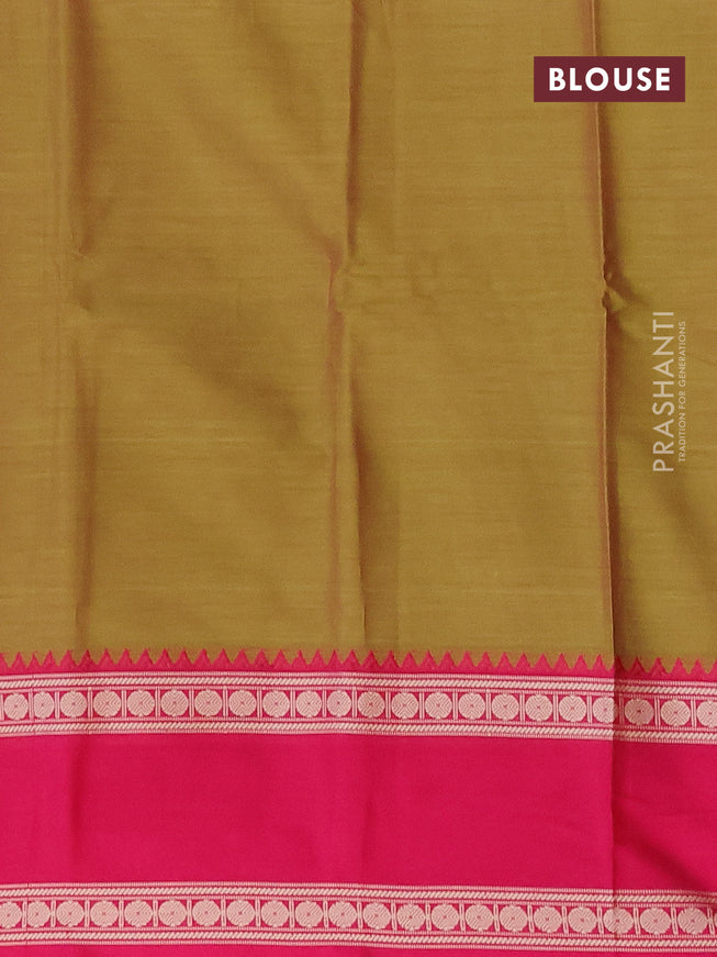 Narayanpet cotton saree olive green with plain body and thread woven ganga jamuna border