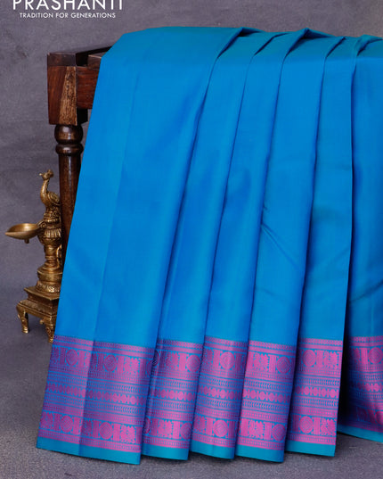 Pure kanjivaram silk saree teal blue and pink with plain body and thread woven border