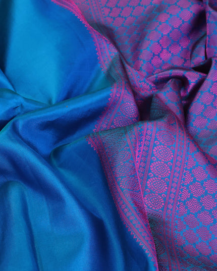 Pure kanjivaram silk saree teal blue and pink with plain body and thread woven border