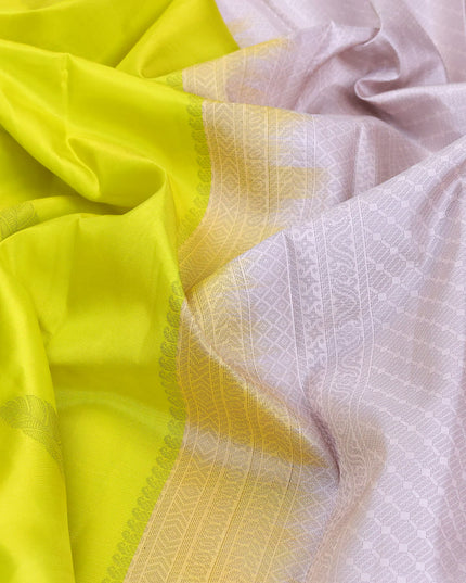 Pure kanjivaram silk saree lime yellow and cream with zari woven leaf buttas in borderless style