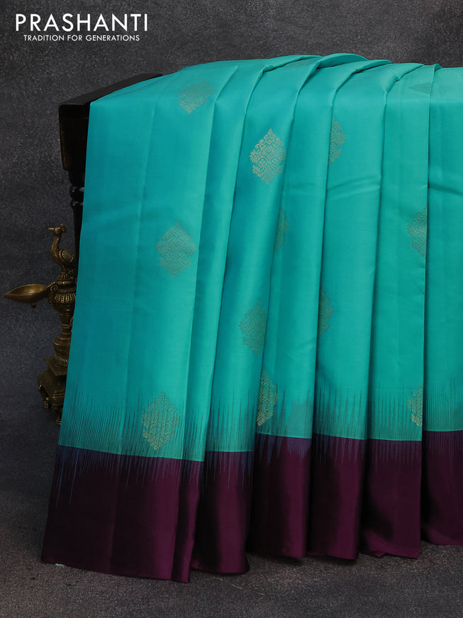 Pure kanjivaram silk saree light blue and deep purple with zari woven buttas and simple border