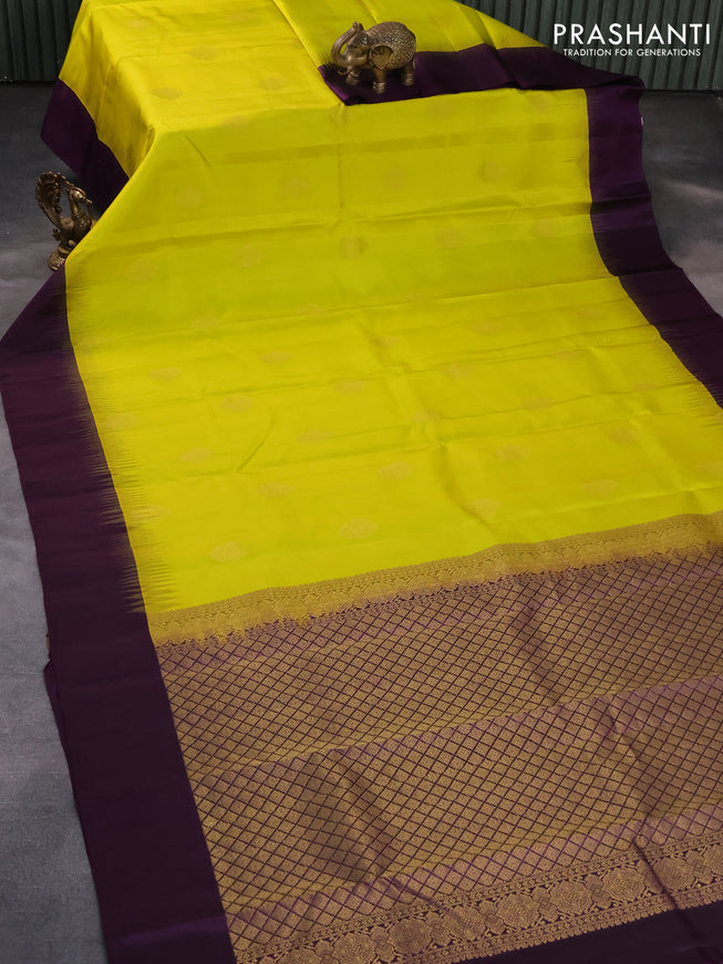 Pure kanjivaram silk saree lime yellow and deep purple with zari woven buttas and simple border