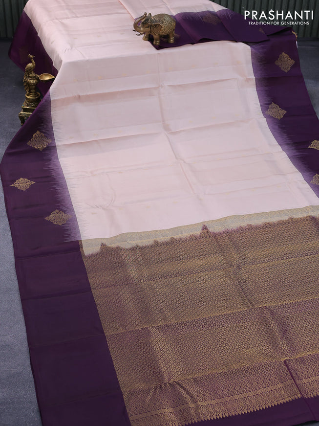 Pure kanjivaram silk saree cream and deep purple with zari woven buttas and zari woven butta border