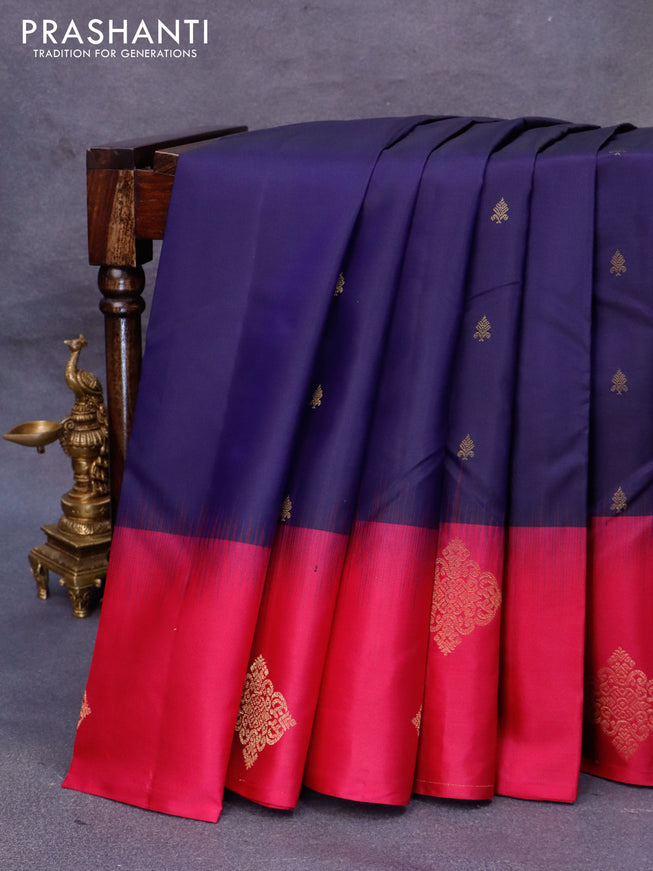Pure kanjivaram silk saree dark blue and pink with zari woven buttas and zari woven butta border