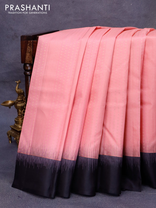 Pure kanjivaram silk saree peach pink and black with allover zari weaves and simple border