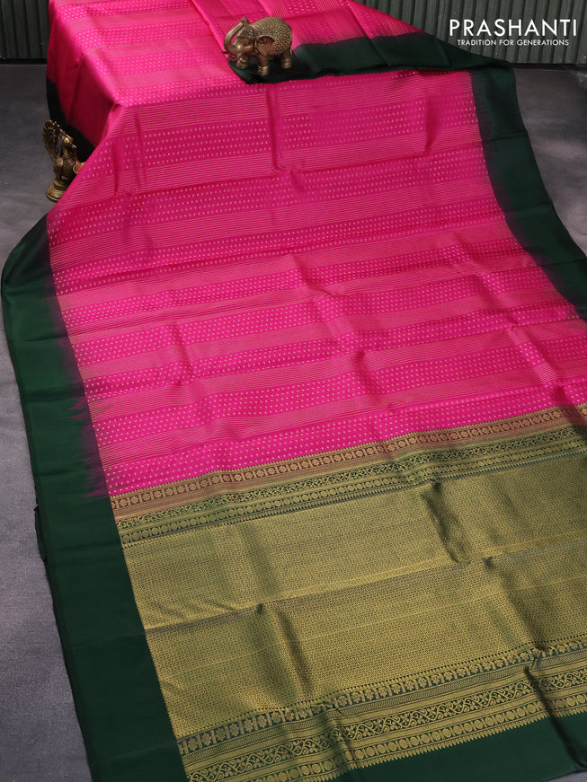 Pure kanjivaram silk saree pink and dark green with allover zari weaves and simple border