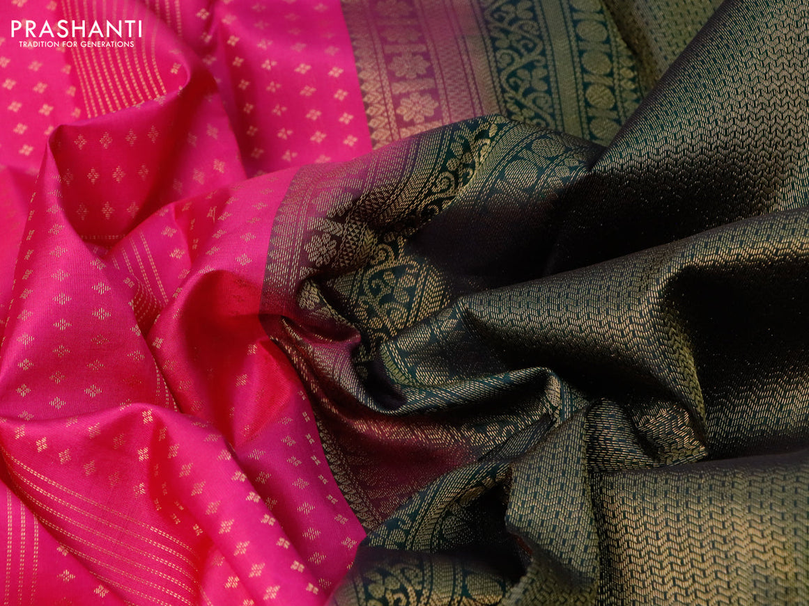 Pure kanjivaram silk saree pink and dark green with allover zari weaves and simple border
