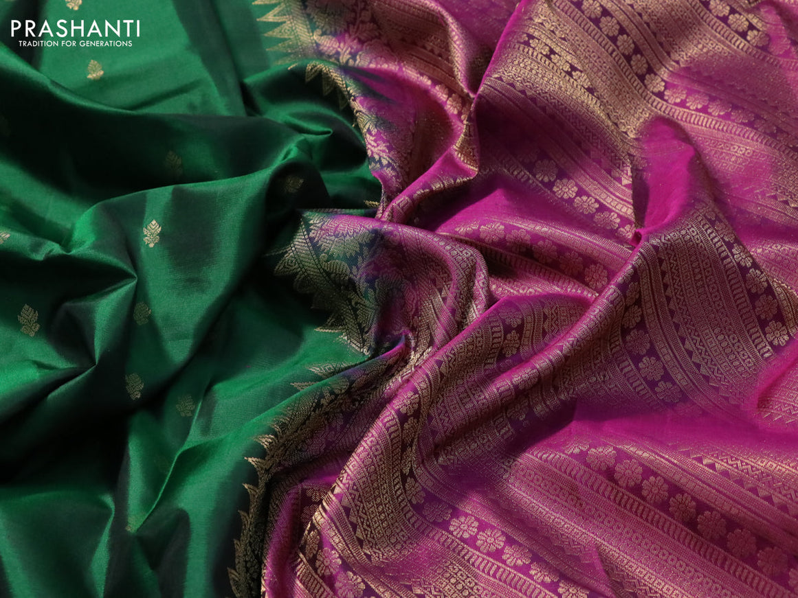 Pure kanjivaram silk saree green and magenta pink with zari woven buttas and zari woven butta border