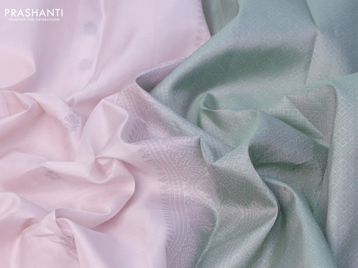 Pure kanjivaram silk saree pastel pink and pista green with thread woven buttas and zari woven butta border