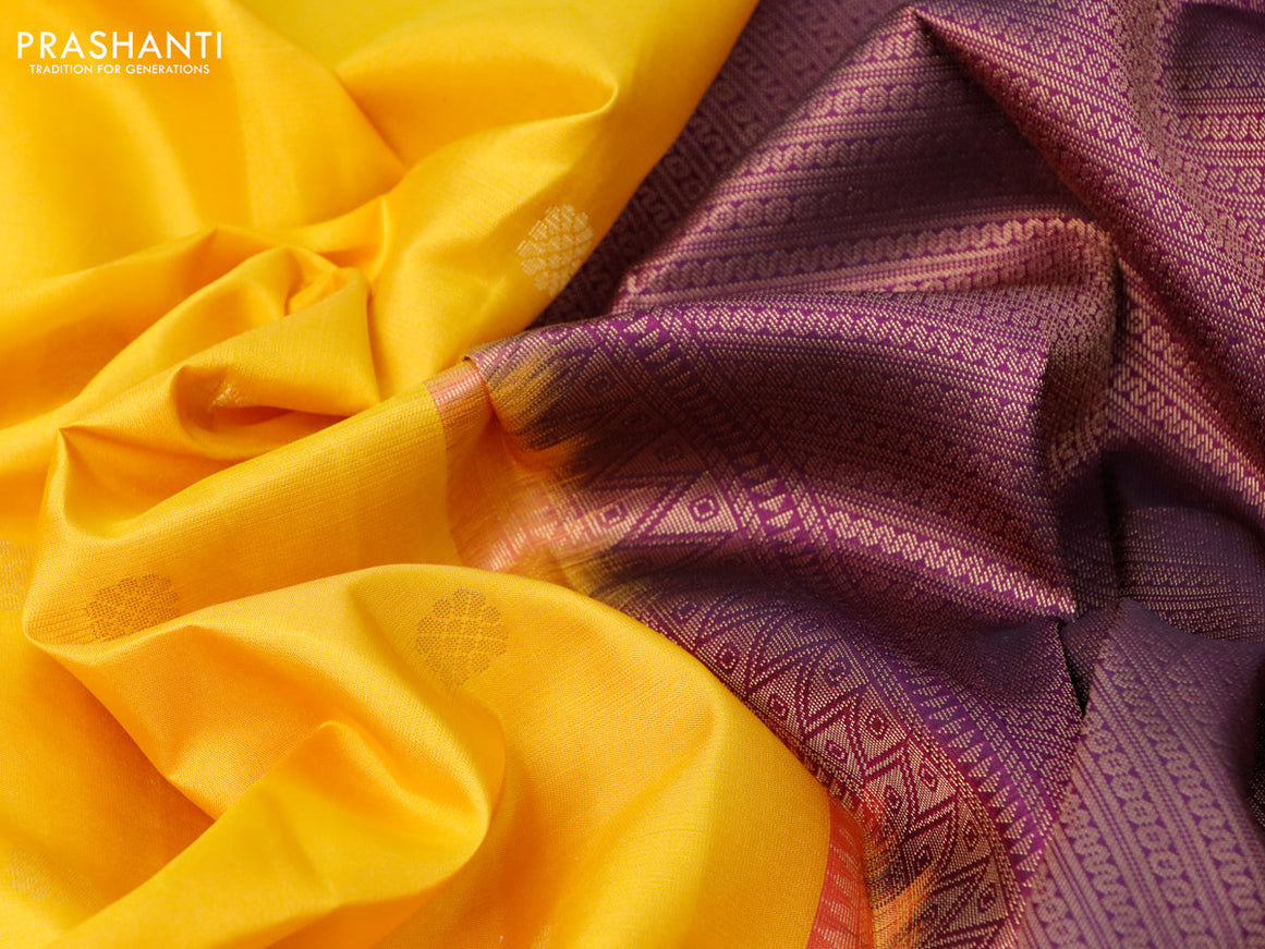 Pure kanjivaram silk saree yellow and purple with zari woven buttas and zari woven butta border