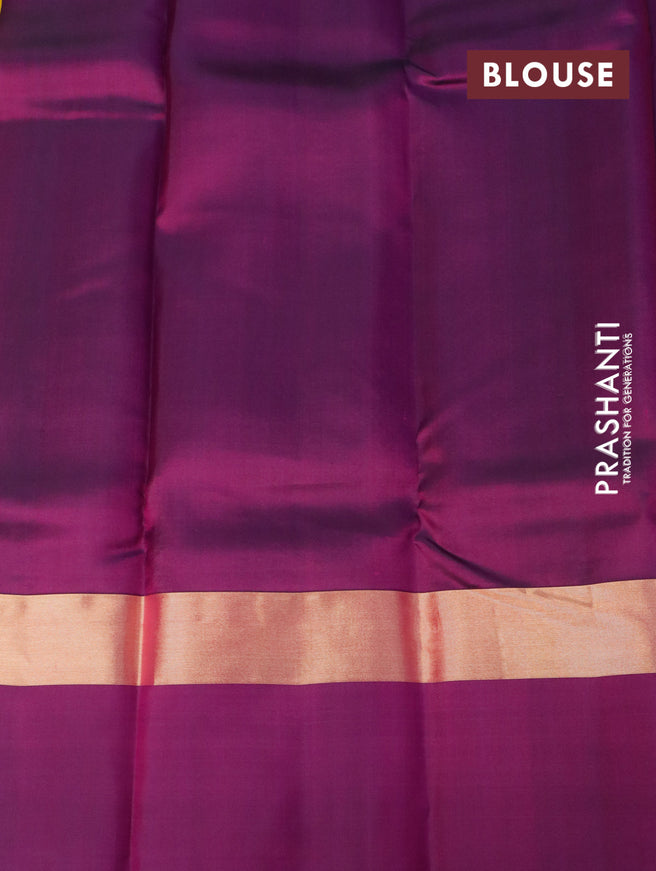 Pure kanjivaram silk saree yellow and purple with zari woven buttas and zari woven butta border