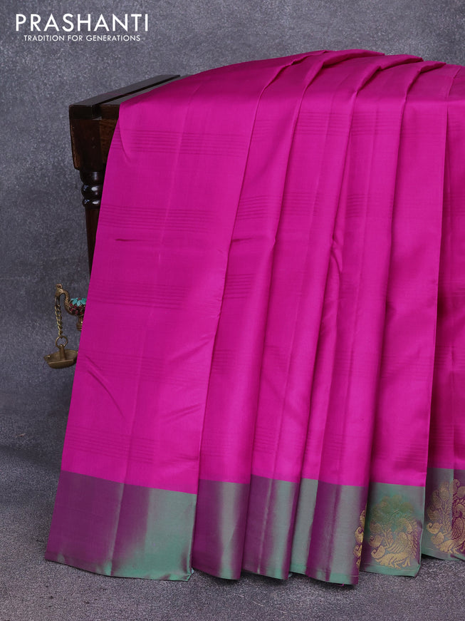 Pure kanjivaram silk saree pink and dual shade of green with plain body and peacock zari woven butta border