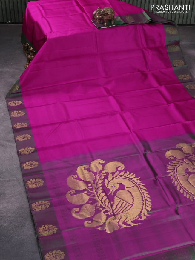 Pure kanjivaram silk saree pink and dual shade of green with plain body and peacock zari woven butta border