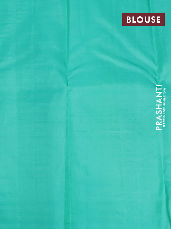 Pure kanjivaram silk saree peach pink and teal green with allover thread weaves in borderless style