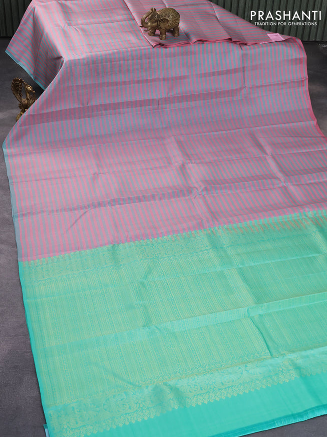 Pure kanjivaram silk saree pastel pink and teal green with allover thread weaves in borderless style