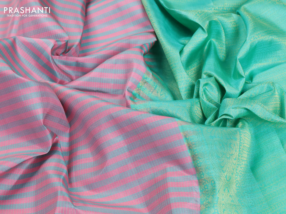 Pure kanjivaram silk saree pastel pink and teal green with allover thread weaves in borderless style