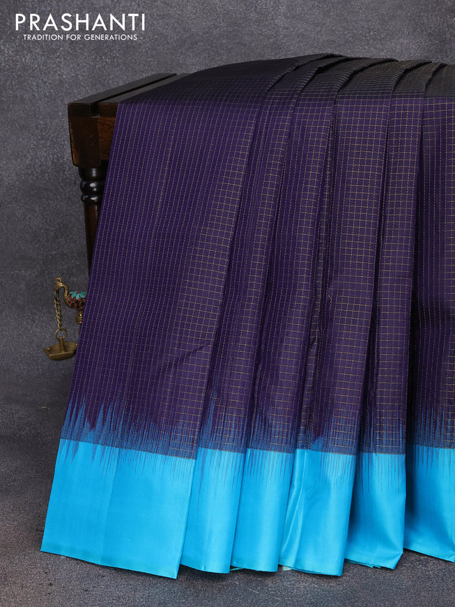 Pure kanjivaram silk saree dark blue and light blue with allover zari checked pattern and simple border