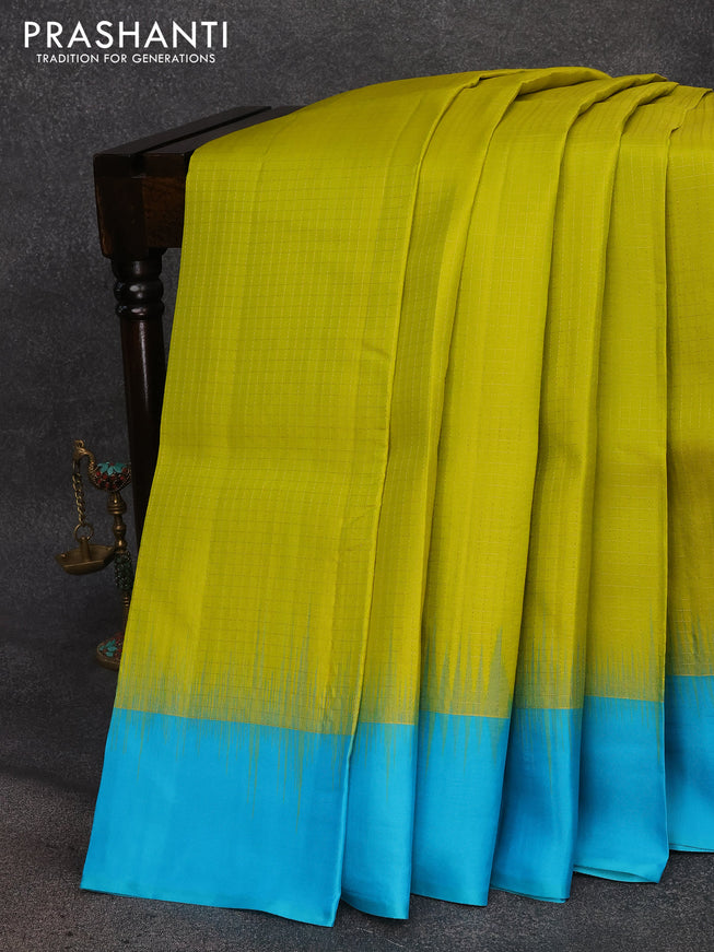 Pure kanjivaram silk saree lime yellow and light blue with allover zari checked pattern and simple border