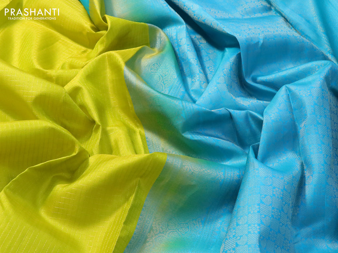 Pure kanjivaram silk saree lime yellow and light blue with allover zari checked pattern and simple border
