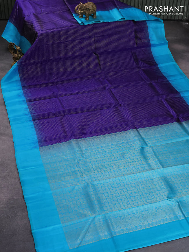 Pure kanjivaram silk saree blue and light blue with allover zari checked pattern and simple border
