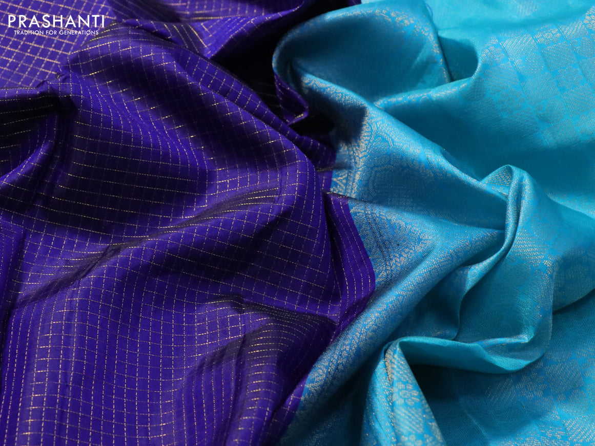Pure kanjivaram silk saree blue and light blue with allover zari checked pattern and simple border