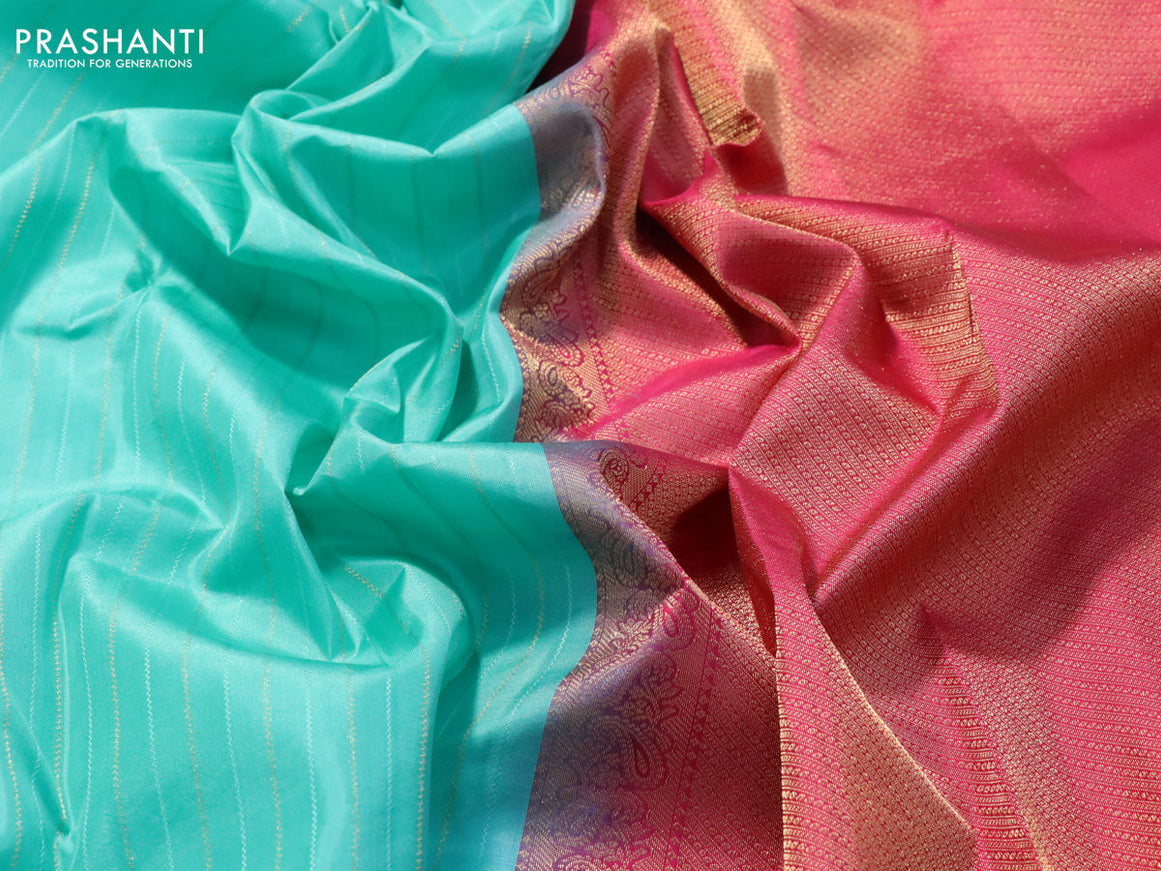 Pure kanjivaram silk saree teal blue and pink with allover weaves in borderless style