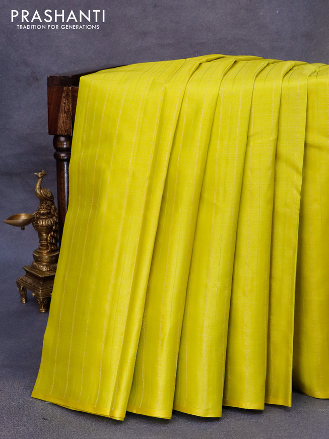 Pure kanjivaram silk saree lime yellow and teal green with allover weaves in borderless style