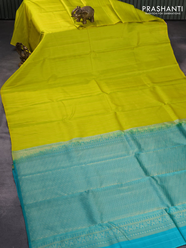 Pure kanjivaram silk saree lime yellow and teal green with allover weaves in borderless style