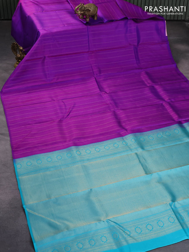 Pure kanjivaram silk saree purple and teal blue with allover weaves in borderless style