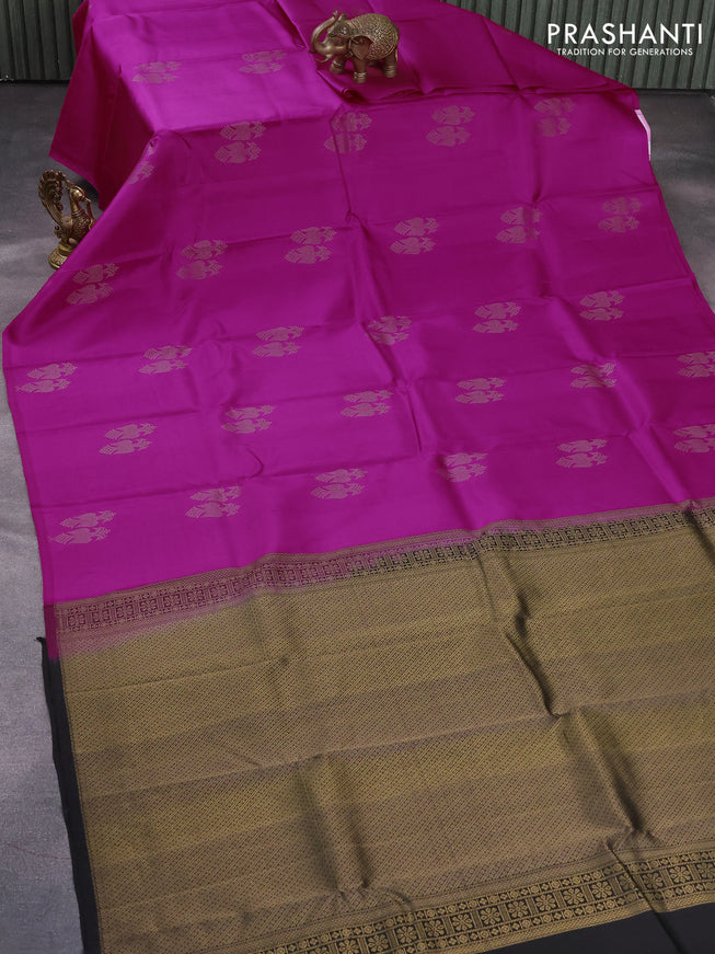 Pure kanjivaram silk saree pink and black with peacock zari woven buttas in borderless style