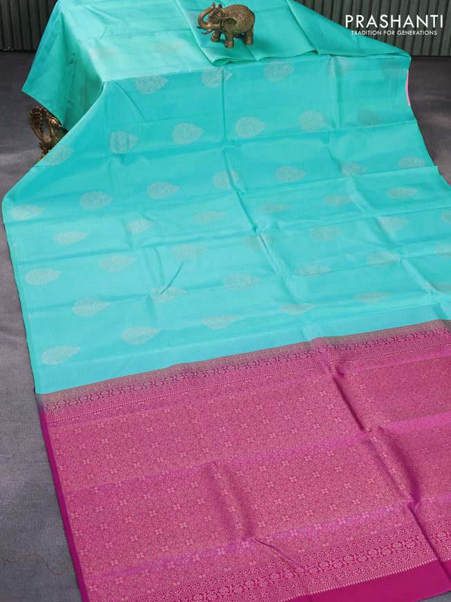 Pure kanjivaram silk saree teal blue and purple with zari woven buttas in borderless style