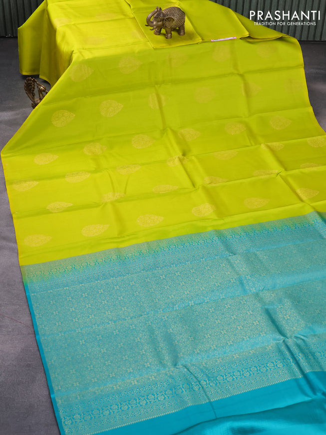 Pure kanjivaram silk saree lime yellow and teal blue with zari woven buttas in borderless style
