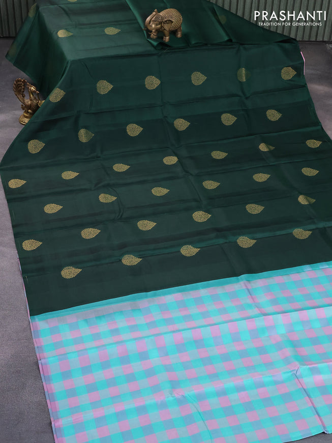 Pure kanjivaram silk saree dark green and multi colour with zari woven buttas in borderless style