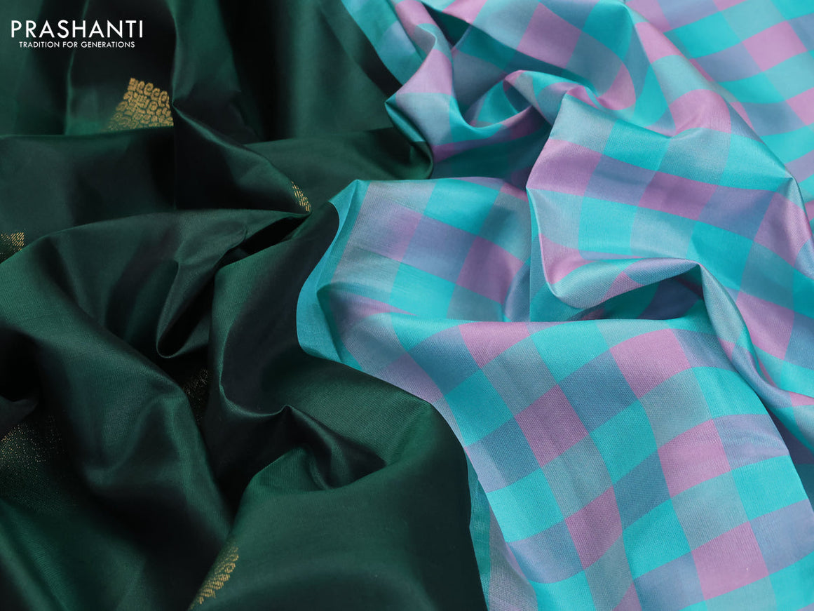 Pure kanjivaram silk saree dark green and multi colour with zari woven buttas in borderless style