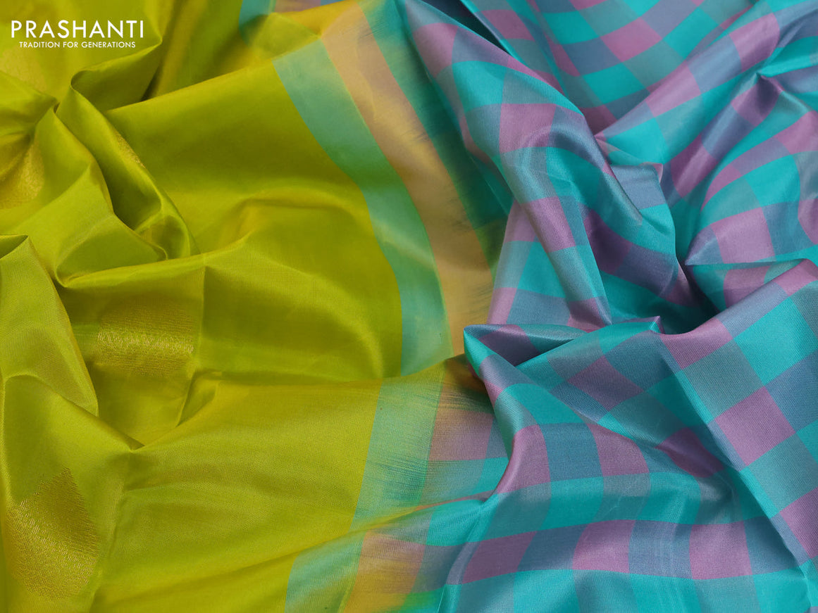 Pure kanjivaram silk saree lime yellow and multi colour with zari woven buttas in borderless style