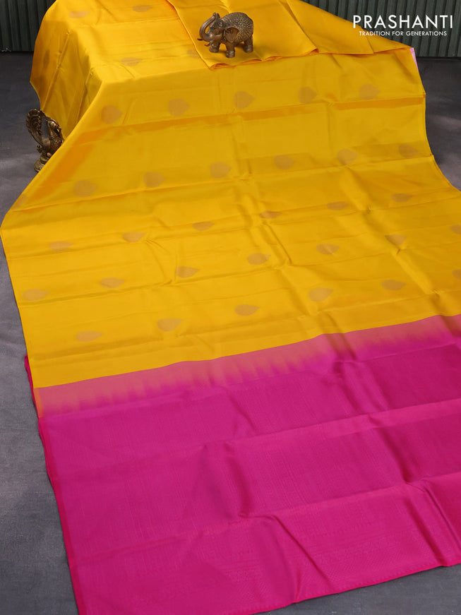 Pure kanjivaram silk saree mango yellow and pink with zari woven buttas in borderless style