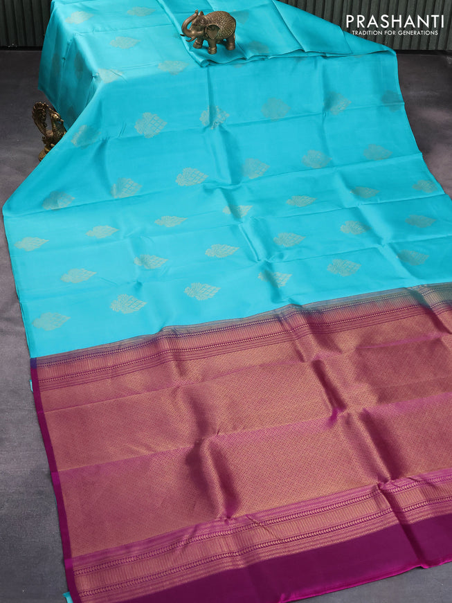 Pure kanjivaram silk saree light blue and purple with zari woven buttas in borderless style