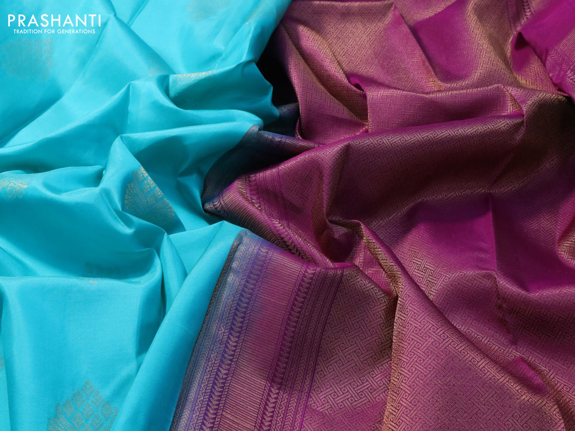 Pure kanjivaram silk saree light blue and purple with zari woven buttas in borderless style