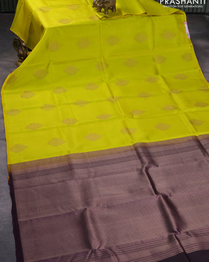Pure kanjivaram silk saree lime yellow and deep wine shade with zari woven buttas in borderless style
