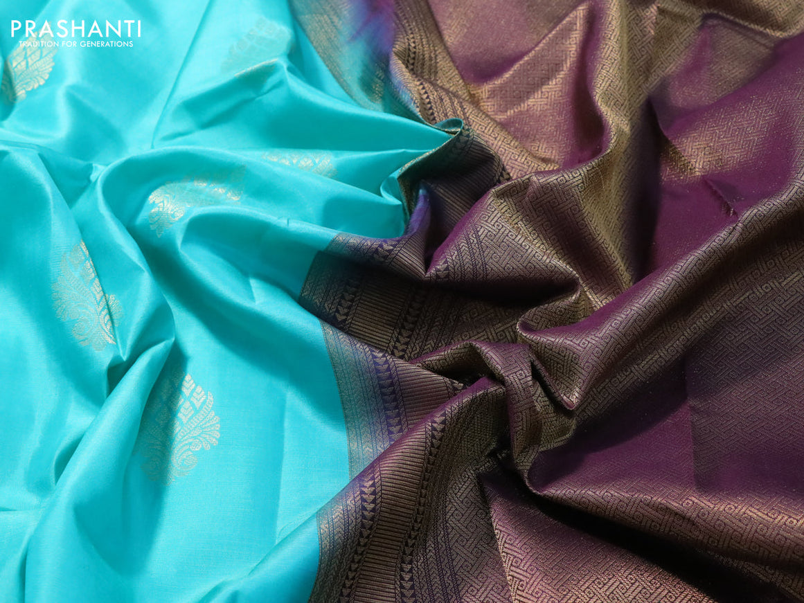 Pure kanjivaram silk saree teal blue and deep jamun shade with zari woven buttas in borderless style
