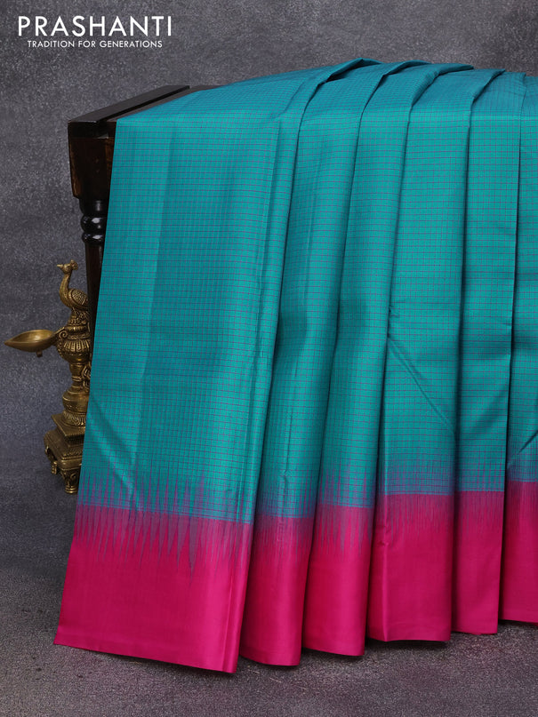 Pure kanjivaram silk saree teal blue and pink with allover checked pattern and simple border