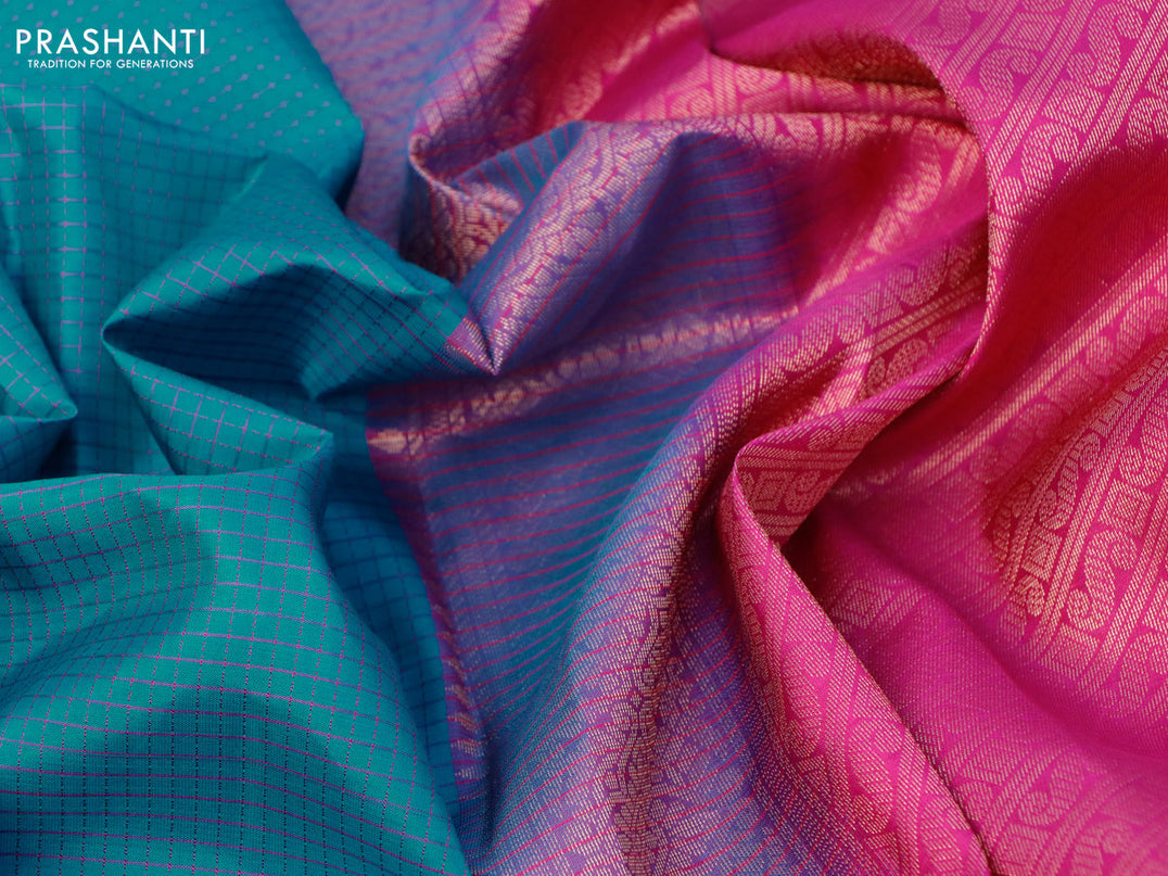 Pure kanjivaram silk saree teal blue and pink with allover checked pattern and simple border
