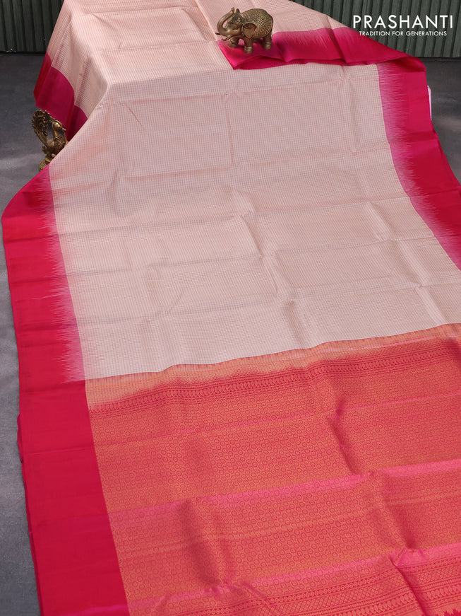 Pure kanjivaram silk saree peach shade and pink with allover checked pattern and simple border