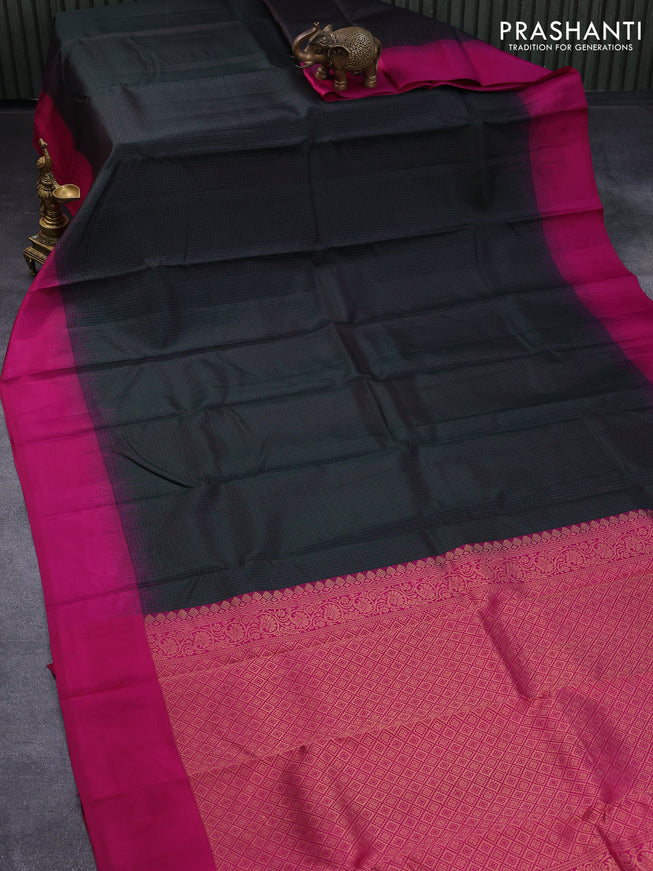 Pure kanjivaram silk saree bottle green and magenta pink with allover checked pattern and simple border