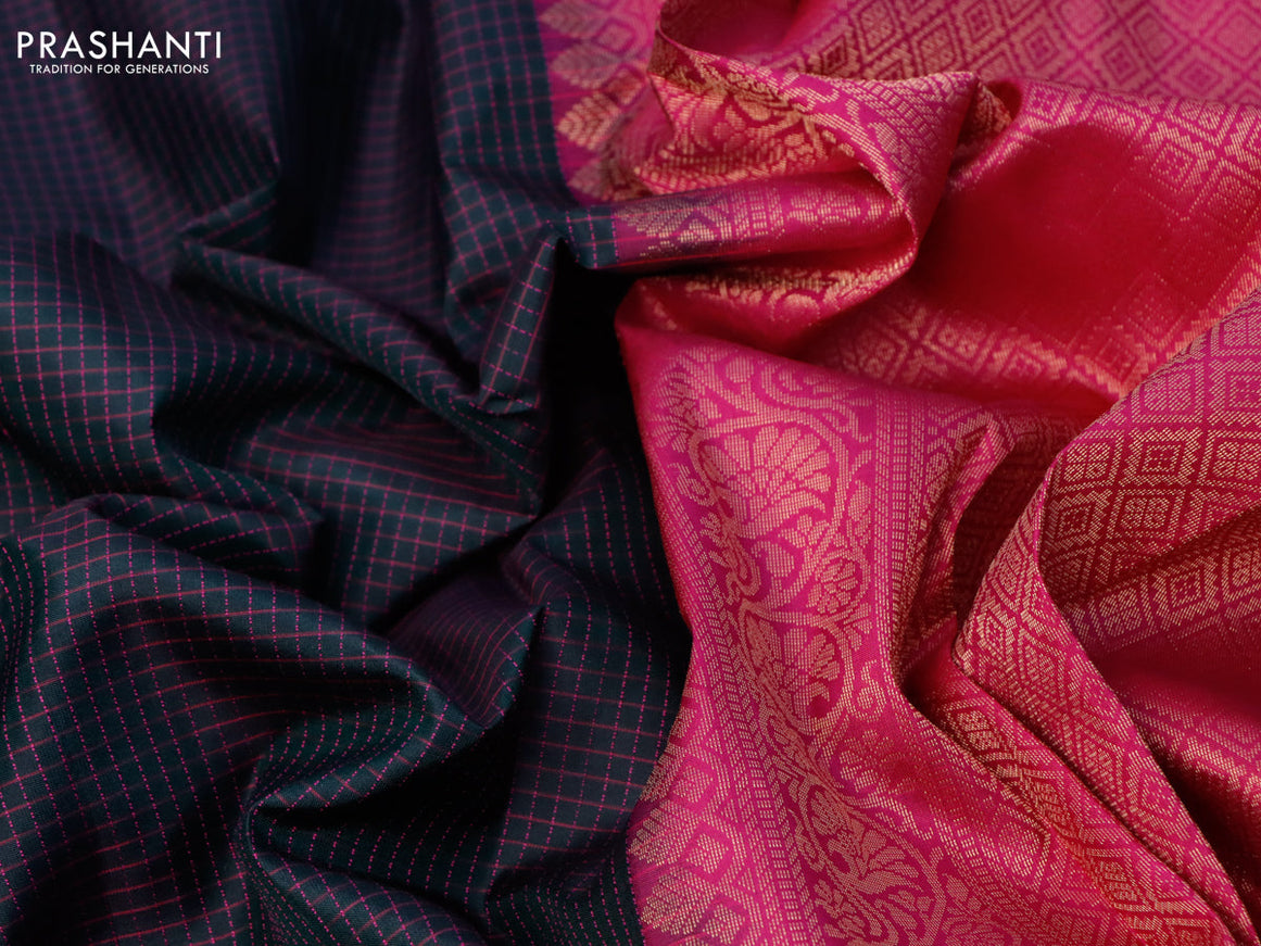 Pure kanjivaram silk saree bottle green and magenta pink with allover checked pattern and simple border