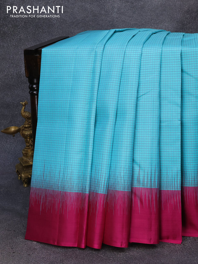Pure kanjivaram silk saree light blue and magenta pink with allover checked pattern and simple border