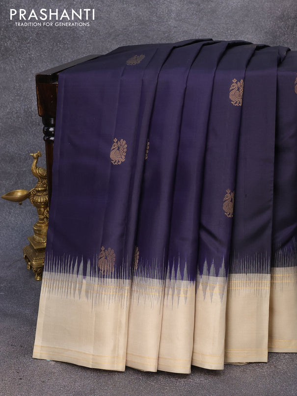 Pure kanjivaram silk saree dark blue and beige with annam zari woven buttas and rettapet zari woven border