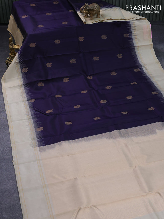 Pure kanjivaram silk saree dark blue and beige with annam zari woven buttas and rettapet zari woven border