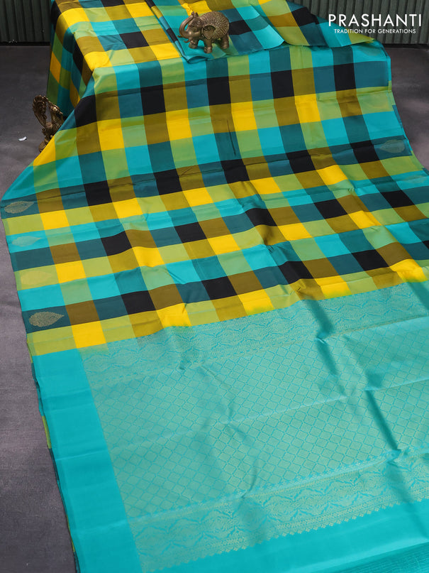 Pure kanjivaram silk saree multi colour with allover paalum pazhamum checks in borderless style