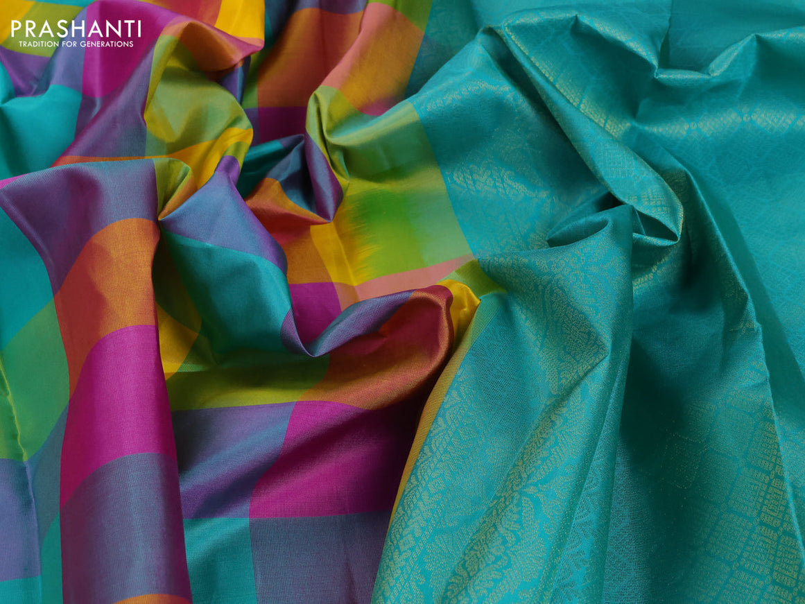 Pure kanjivaram silk saree multi colour with allover paalum pazhamum checks in borderless style